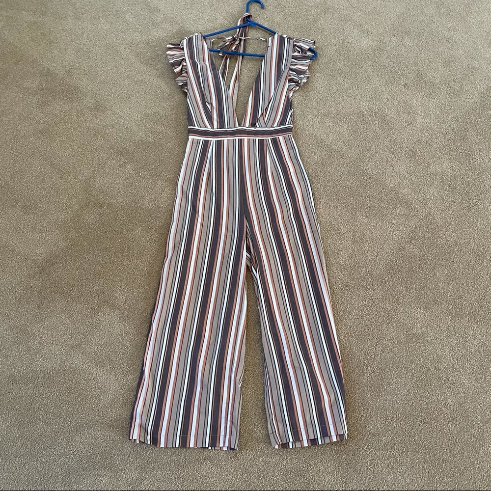 Storia Brand Crop Deep V Stripped Jumpsuit with Detachable Belt